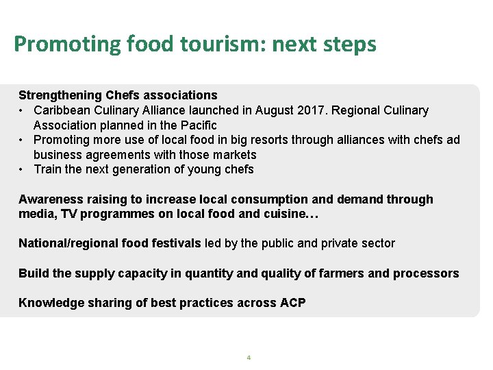 Promoting food tourism: next steps Strengthening Chefs associations • Caribbean Culinary Alliance launched in