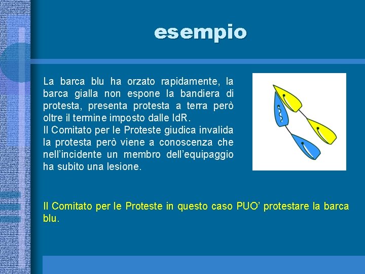 esempio La barca blu ha orzato rapidamente, la barca gialla non espone la bandiera