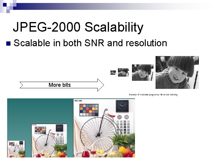 JPEG-2000 Scalability n Scalable in both SNR and resolution More bits CS 414 -