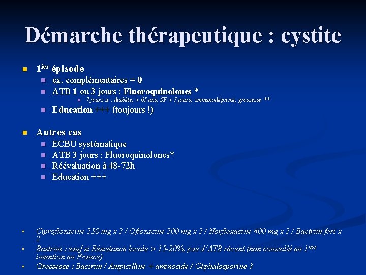 Démarche thérapeutique : cystite n 1 ier épisode n n ex. complémentaires = 0