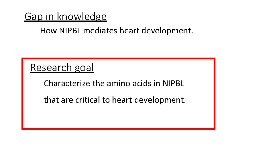 Gap in knowledge How NIPBL mediates heart development. Research goal Characterize the amino acids Gap in knowledge How NIPBL mediates heart development. Research goal Characterize the amino acids