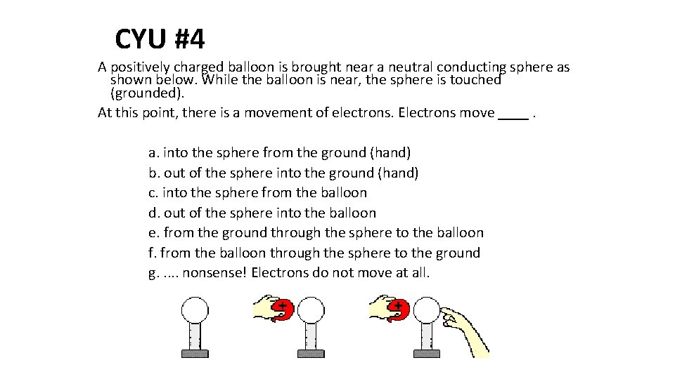 CYU #4 A positively charged balloon is brought near a neutral conducting sphere as