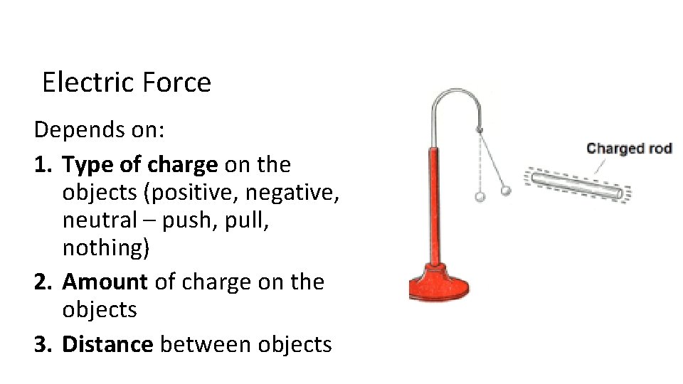 Electric Force Depends on: 1. Type of charge on the objects (positive, negative, neutral