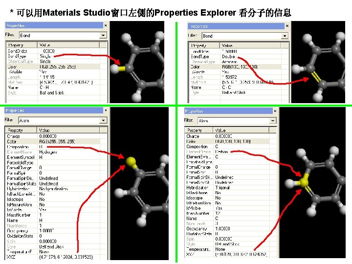 * 可以用Materials Studio窗口左侧的Properties Explorer 看分子的信息 