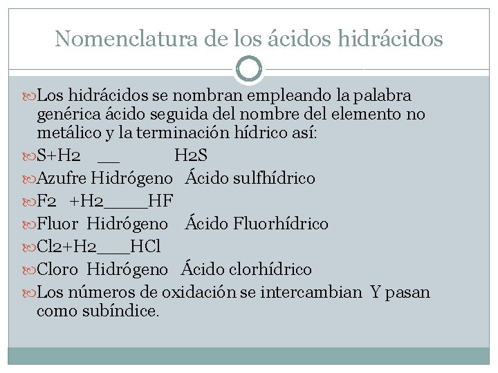 Nomenclatura de los ácidos hidrácidos Los hidrácidos se nombran empleando la palabra genérica ácido