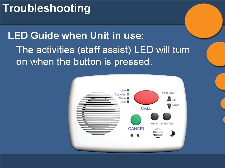 Troubleshooting LED Guide when Unit in use: The activities (staff assist) LED will turn