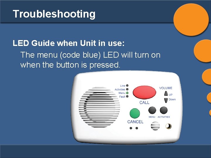 Troubleshooting LED Guide when Unit in use: The menu (code blue) LED will turn