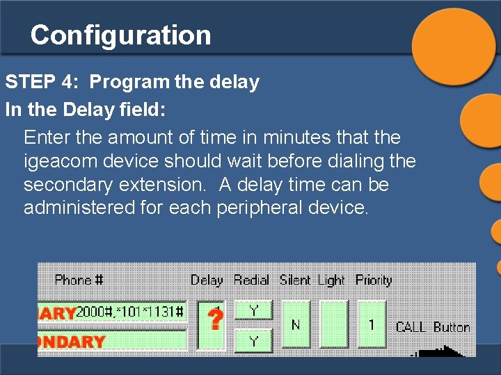 Configuration STEP 4: Program the delay In the Delay field: Enter the amount of