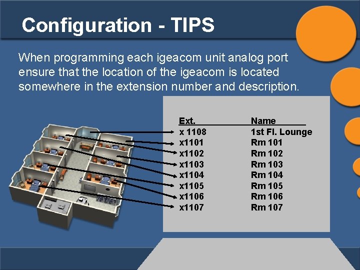 Configuration - TIPS When programming each igeacom unit analog port ensure that the location