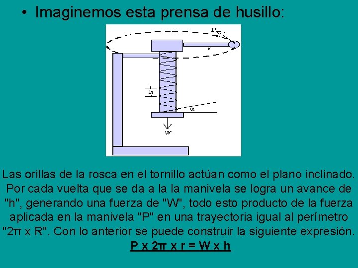• Imaginemos esta prensa de husillo: Las orillas de la rosca en el • Imaginemos esta prensa de husillo: Las orillas de la rosca en el