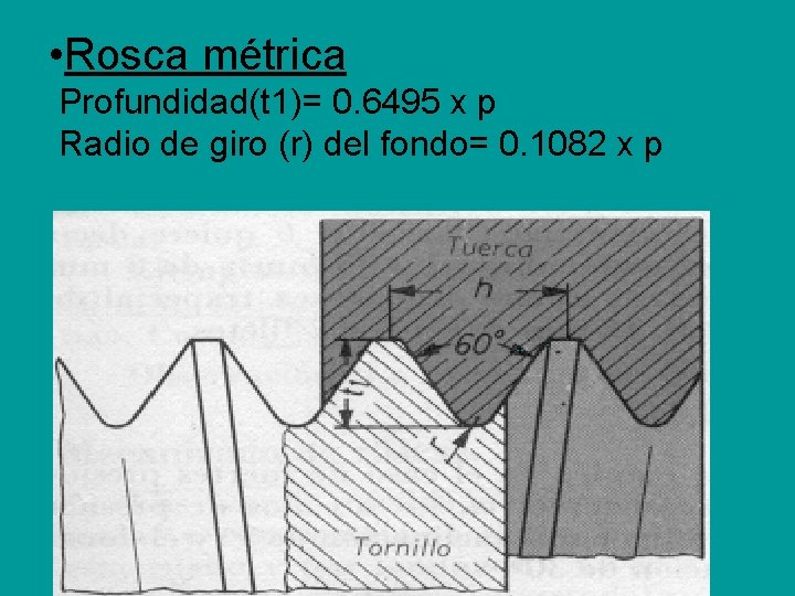 • Rosca métrica Profundidad(t 1)= 0. 6495 x p Radio de giro (r) • Rosca métrica Profundidad(t 1)= 0. 6495 x p Radio de giro (r)