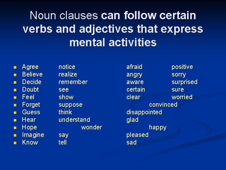 Noun clauses can follow certain verbs and adjectives that express mental activities n n