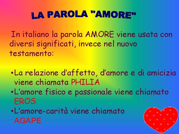 In italiano la parola AMORE viene usata con diversi significati, invece nel nuovo testamento: