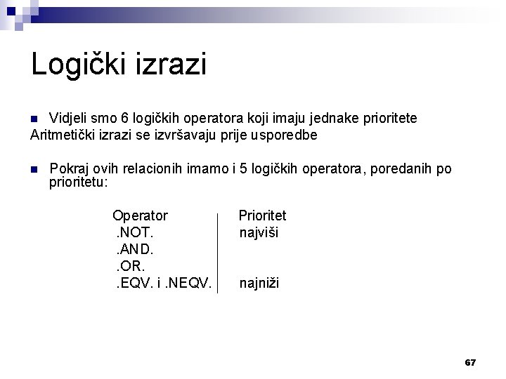 Logički izrazi Vidjeli smo 6 logičkih operatora koji imaju jednake prioritete Aritmetički izrazi se