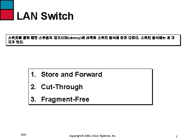 LAN Switch 스위치를 통한 패킷 스위칭의 대기시간(latency)은 선택한 스위치 방식에 따라 다르다. 스위치 방식에는