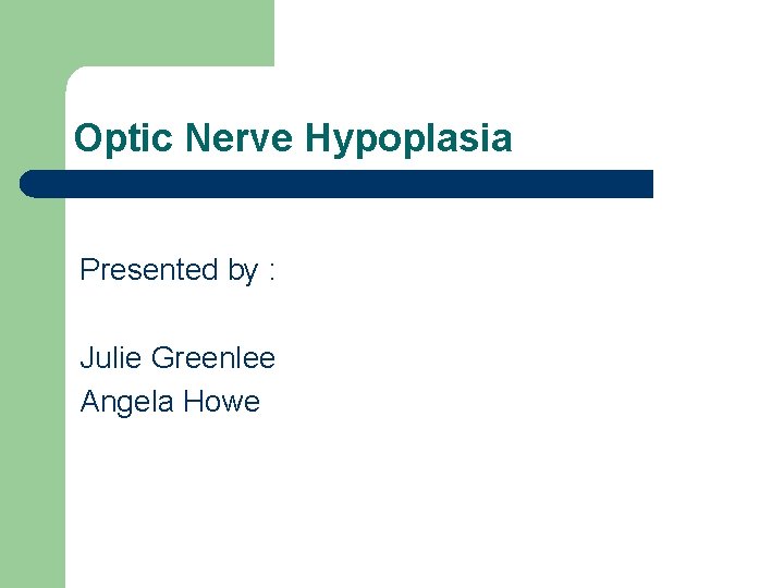 Optic Nerve Hypoplasia Presented by : Julie Greenlee Angela Howe 