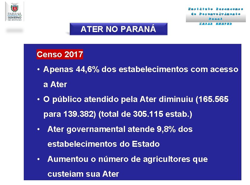 Instituto de Paranaense Desenvolvimento Rural ATER NO PARANÁ IAPAR EMATER Censo 2017 • Apenas