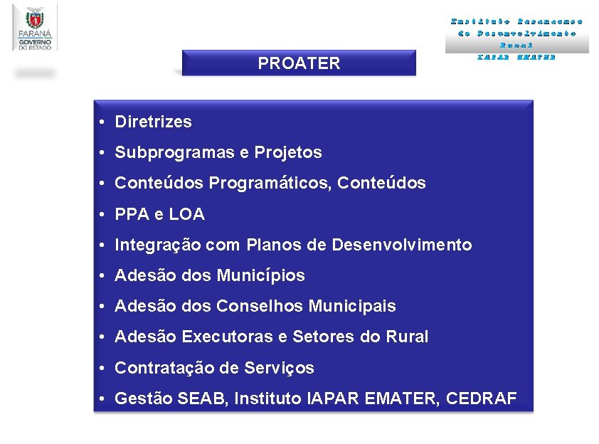 Instituto de Paranaense Desenvolvimento Rural PROATER IAPAR • Diretrizes • Subprogramas e Projetos •