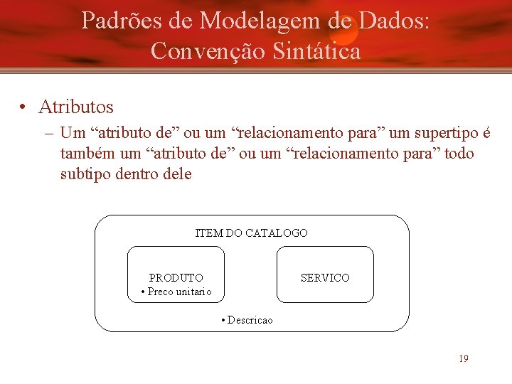 Padrões de Modelagem de Dados: Convenção Sintática • Atributos – Um “atributo de” ou