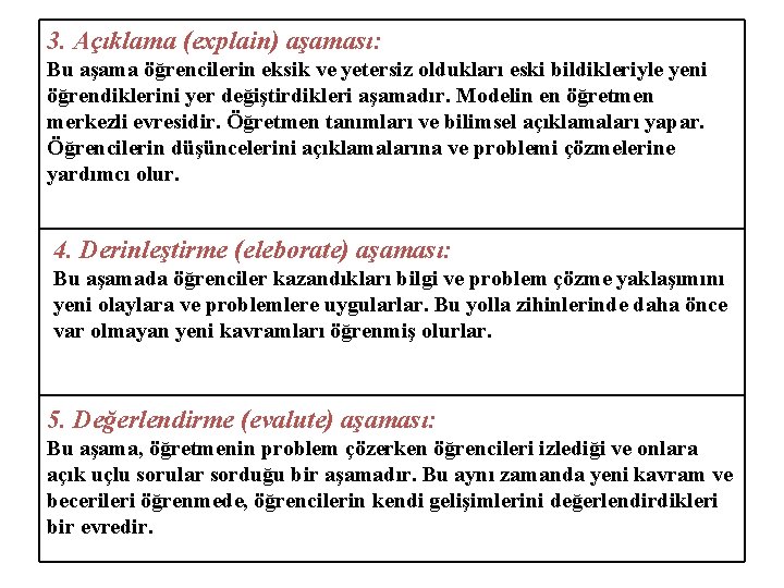 3. Açıklama (explain) aşaması: Bu aşama öğrencilerin eksik ve yetersiz oldukları eski bildikleriyle yeni