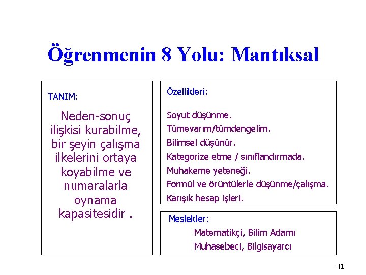 Öğrenmenin 8 Yolu: Mantıksal TANIM: Neden-sonuç ilişkisi kurabilme, bir şeyin çalışma ilkelerini ortaya koyabilme