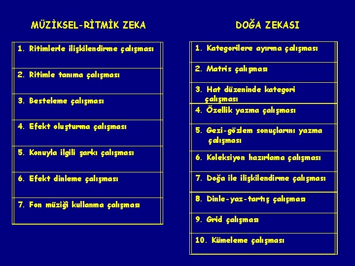 MÜZİKSEL-RİTMİK ZEKA 1. Ritimlerle ilişkilendirme çalışması DOĞA ZEKASI 1. Kategorilere ayırma çalışması 2. Matris