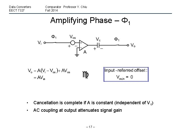 Data Converters EECT 7327 Comparator Professor Y. Chiu Fall 2014 Amplifying Phase – Φ