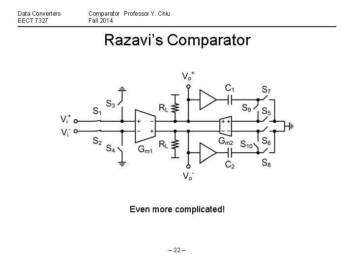 Data Converters EECT 7327 Comparator Professor Y. Chiu Fall 2014 Razavi’s Comparator Even more