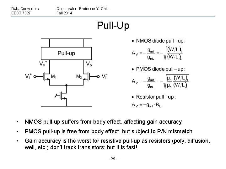 Data Converters EECT 7327 Comparator Professor Y. Chiu Fall 2014 Pull-Up • NMOS pull-up