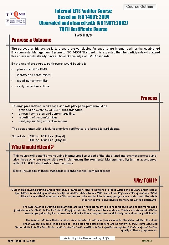 Course Outline Internal EMS Auditor Course Based on ISO 14001: 2004 (Upgraded and aligned