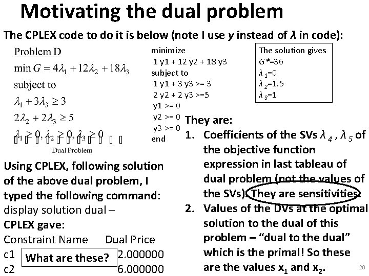 Motivating the dual problem The CPLEX code to do it is below (note I