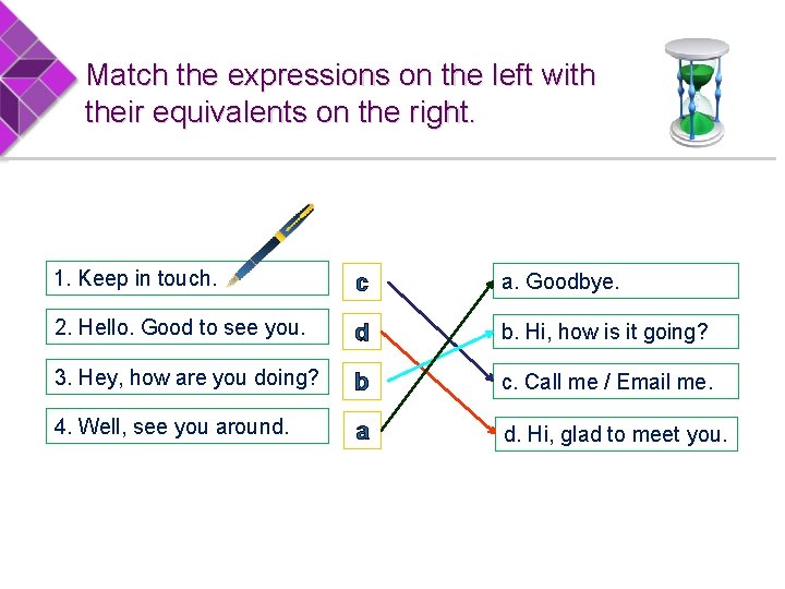 Match the expressions on the left with their equivalents on the right. 1. Keep