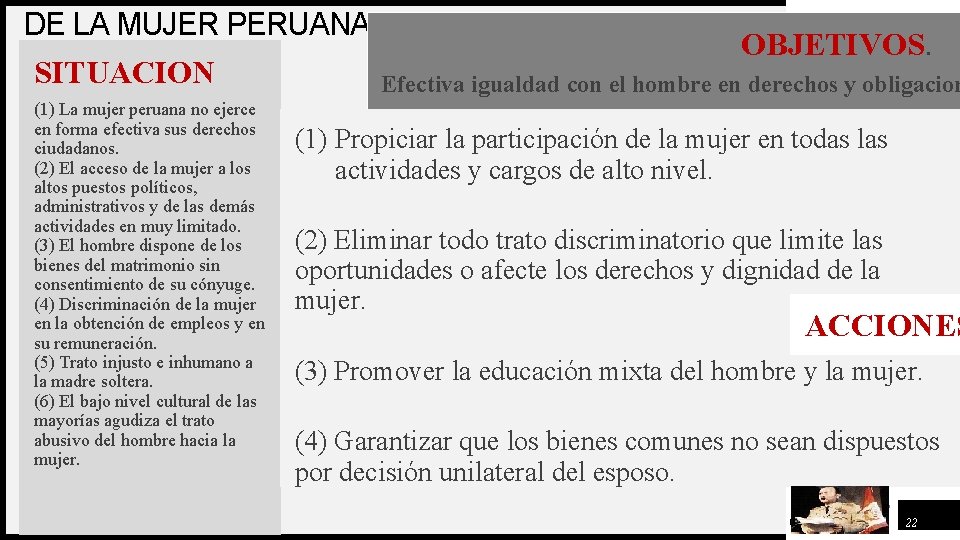 DE LA MUJER PERUANA SITUACION (1) La mujer peruana no ejerce en forma efectiva
