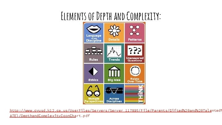 Elements of Depth and Complexity: http: //www. cvusd. k 12. ca. us/User. Files/Server_117895/File/Parents/Gifted%20 and%20