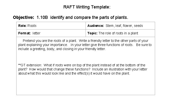 RAFT Writing Template: Objective: 1. 10 B identify and compare the parts of plants.