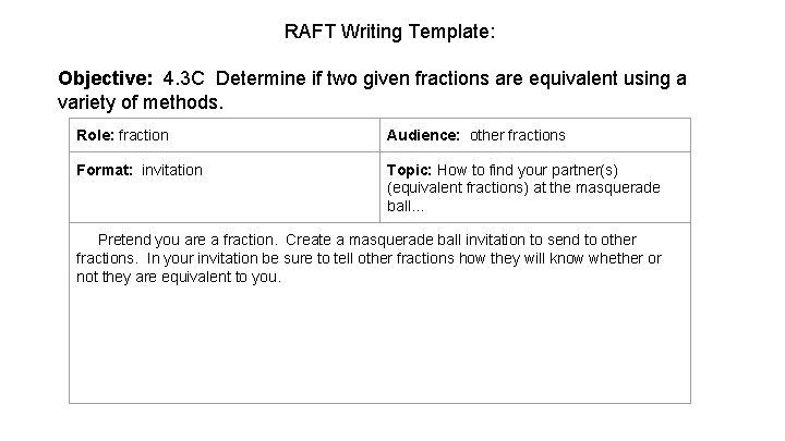 RAFT Writing Template: Objective: 4. 3 C Determine if two given fractions are equivalent