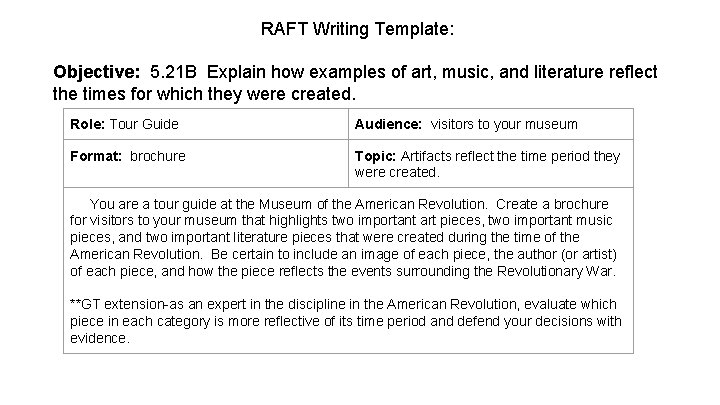 RAFT Writing Template: Objective: 5. 21 B Explain how examples of art, music, and