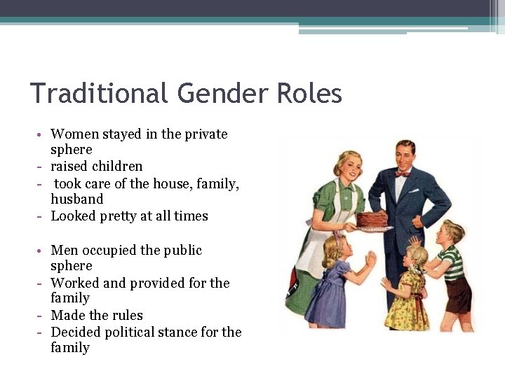 Traditional Gender Roles • Women stayed in the private sphere - raised children -