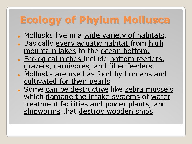 Ecology of Phylum Mollusca Mollusks live in a wide variety of habitats. Basically every