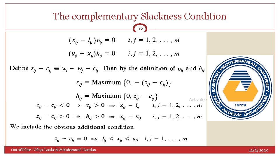 The complementary Slackness Condition 12 Out of Kilter : Yahya Dandachi & Mohammad Hamdan