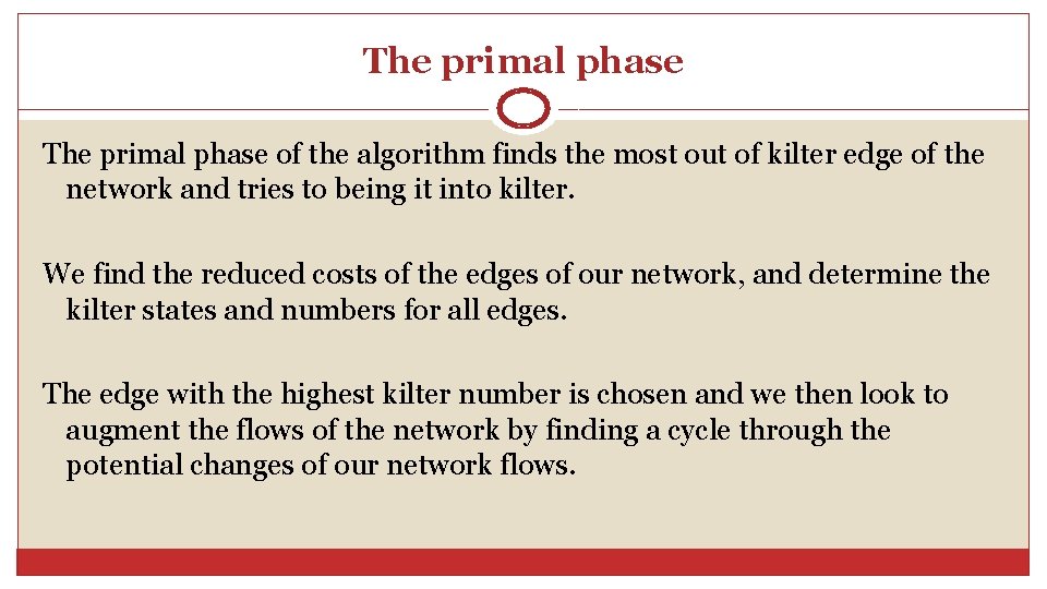 The primal phase of the algorithm finds the most out of kilter edge of