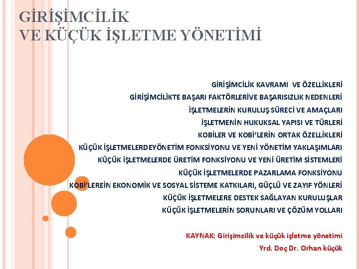 GİRİŞİMCİLİK VE KÜÇÜK İŞLETME YÖNETİMİ GİRİŞİMCİLİK KAVRAMI VE ÖZELLİKLERİ GİRİŞİMCİLİKTE BAŞARI FAKTÖRLERİVE BAŞARISIZLIK NEDENLERİ