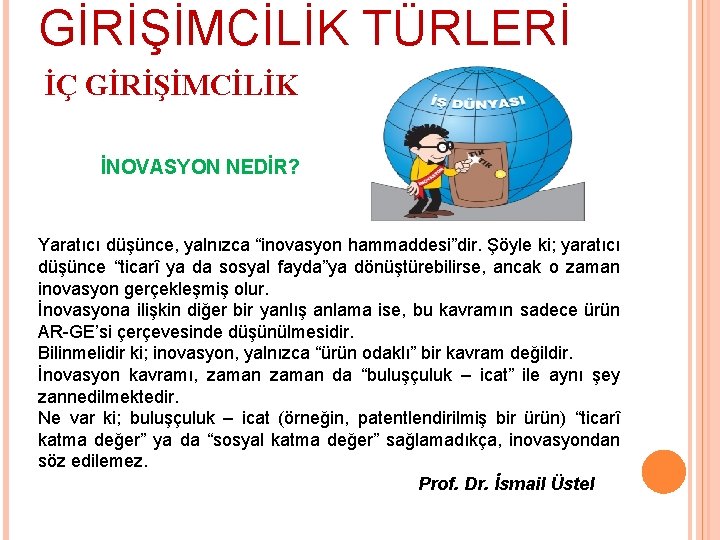 GİRİŞİMCİLİK TÜRLERİ İÇ GİRİŞİMCİLİK İNOVASYON NEDİR? Yaratıcı düşünce, yalnızca “inovasyon hammaddesi”dir. Şöyle ki; yaratıcı