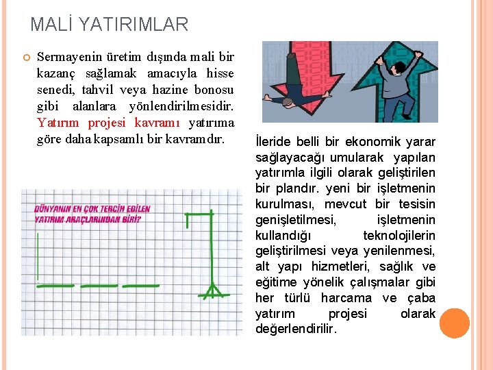 MALİ YATIRIMLAR Sermayenin üretim dışında mali bir kazanç sağlamak amacıyla hisse senedi, tahvil veya