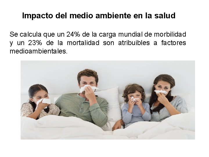 Impacto del medio ambiente en la salud Se calcula que un 24% de la
