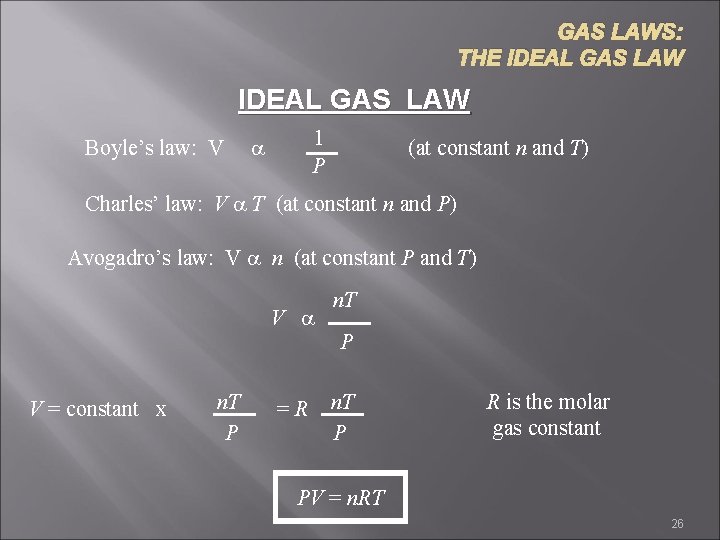 GAS LAWS: THE IDEAL GAS LAW Boyle’s law: V 1 P a (at constant