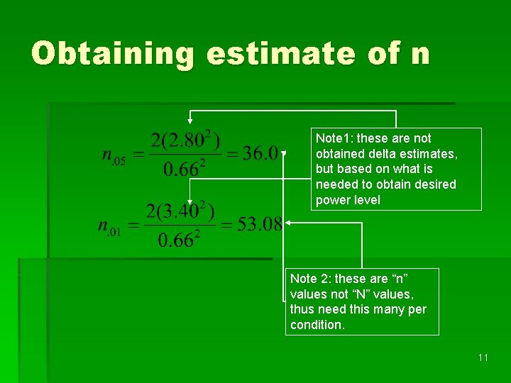 Obtaining estimate of n Note 1: these are not obtained delta estimates, but based