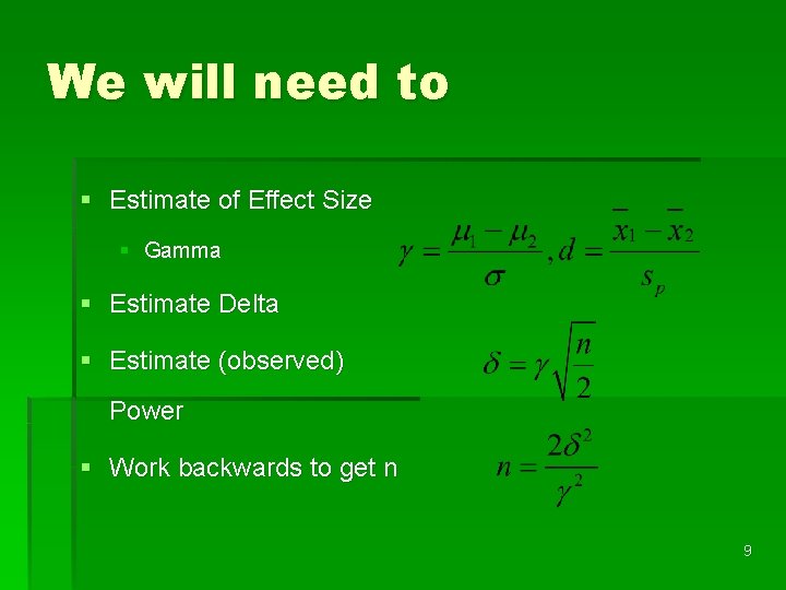 We will need to § Estimate of Effect Size § Gamma § Estimate Delta