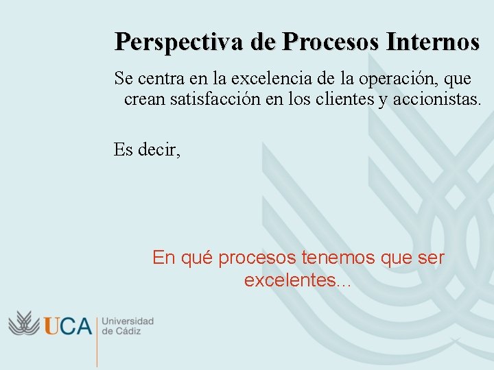 Perspectiva de Procesos Internos Se centra en la excelencia de la operación, que crean