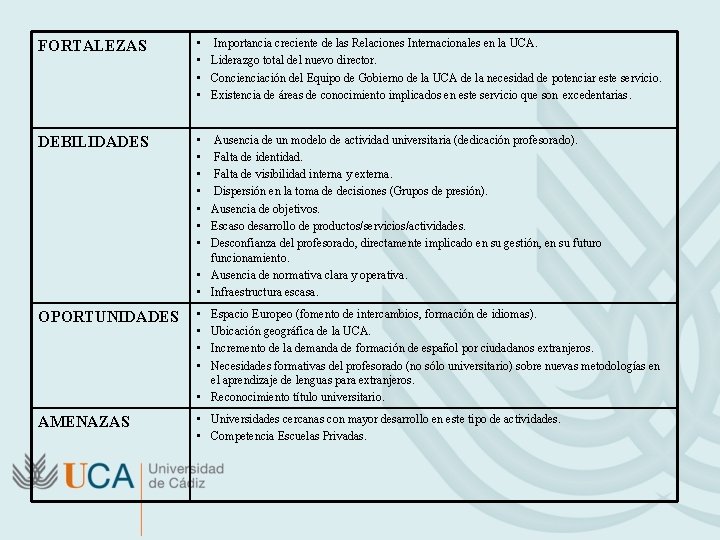 FORTALEZAS • Importancia creciente de las Relaciones Internacionales en la UCA. • Liderazgo total
